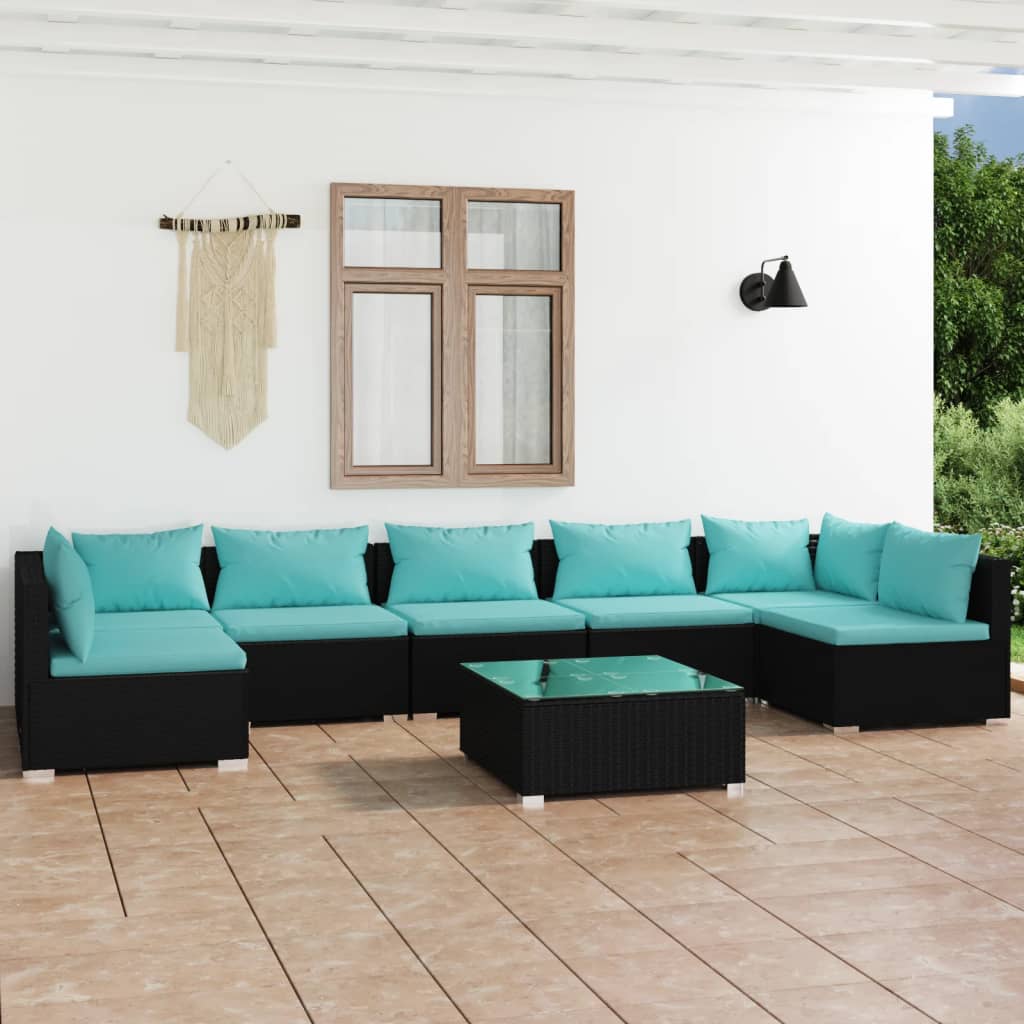 Set Divani da Giardino 8 pz con Cuscini in Polyrattan Nero 3101897