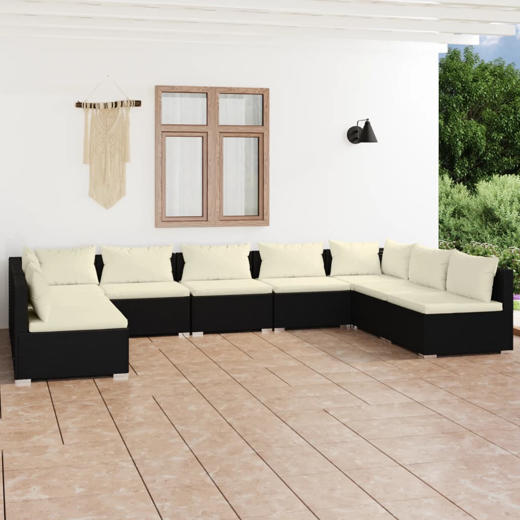 Set Salotto da Giardino 9 pz con Cuscini in Polyrattan Nero 3101903