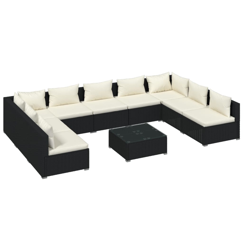 Set Divani da Giardino 10 pz con Cuscini in Polyrattan Nero 3101911