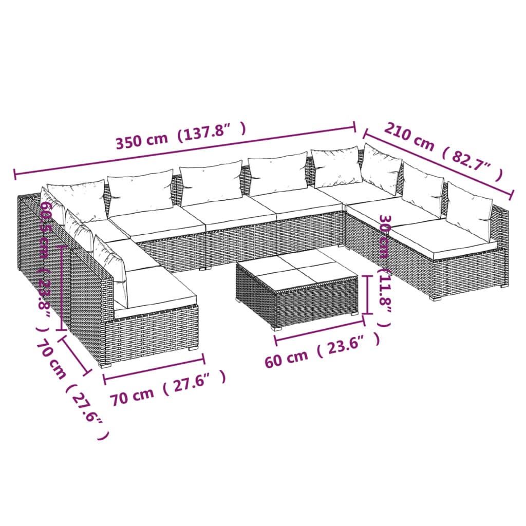 Set Divani da Giardino 10 pz con Cuscini in Polyrattan Nero 3101911