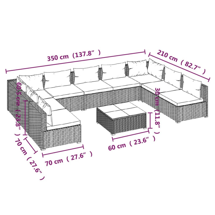 Set Divani da Giardino 10 pz con Cuscini in Polyrattan Nero cod mxl 57065