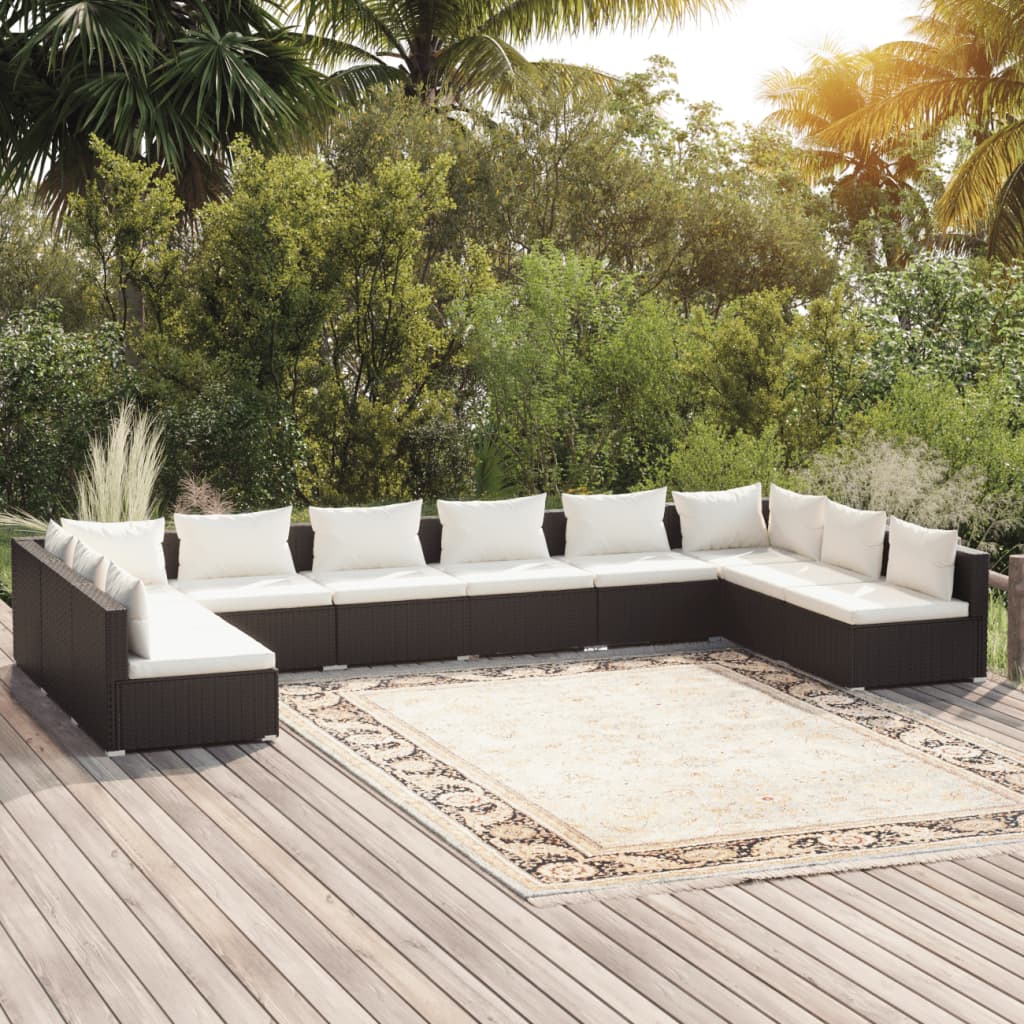 Set Divani da Giardino 10 pz con Cuscini in Polyrattan Nero cod mxl 57070