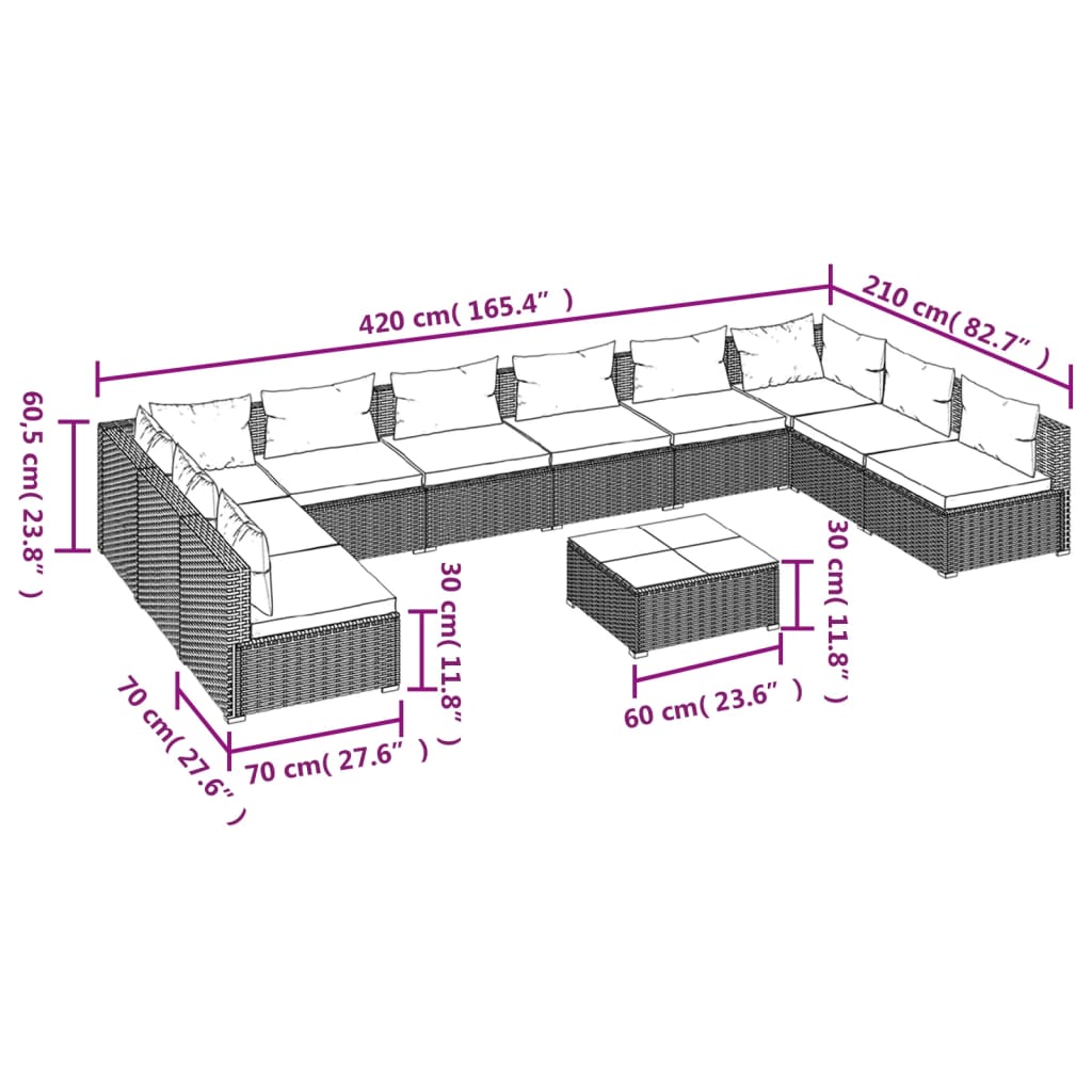 Set Divani da Giardino 11 pz con Cuscini in Polyrattan Nero cod mxl 57045