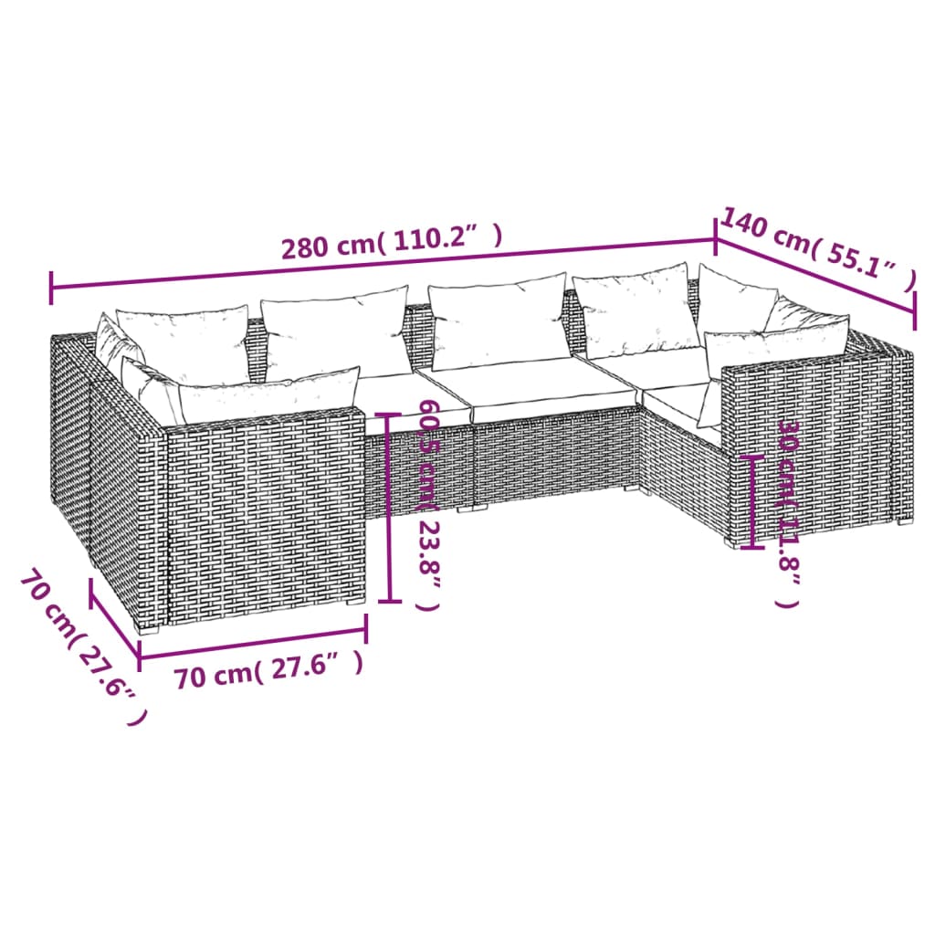 Set Divani da Giardino 6 pz con Cuscini in Polyrattan Nero cod mxl 35476