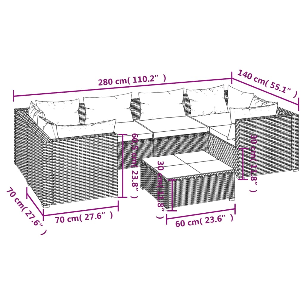 Set Divani da Giardino 7 pz con Cuscini in Polyrattan Nero cod mxl 35475