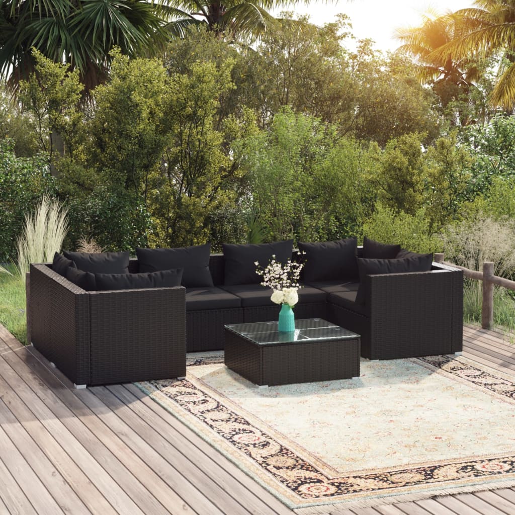 Set Salotto da Giardino 7 pz con Cuscini in Polyrattan Nero 3101944