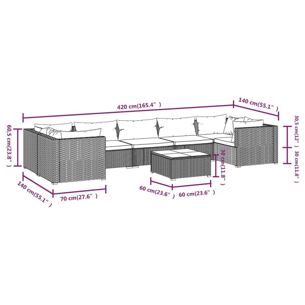 Set Divani da Giardino 8 pz con Cuscini in Polyrattan Nero cod mxl 39467