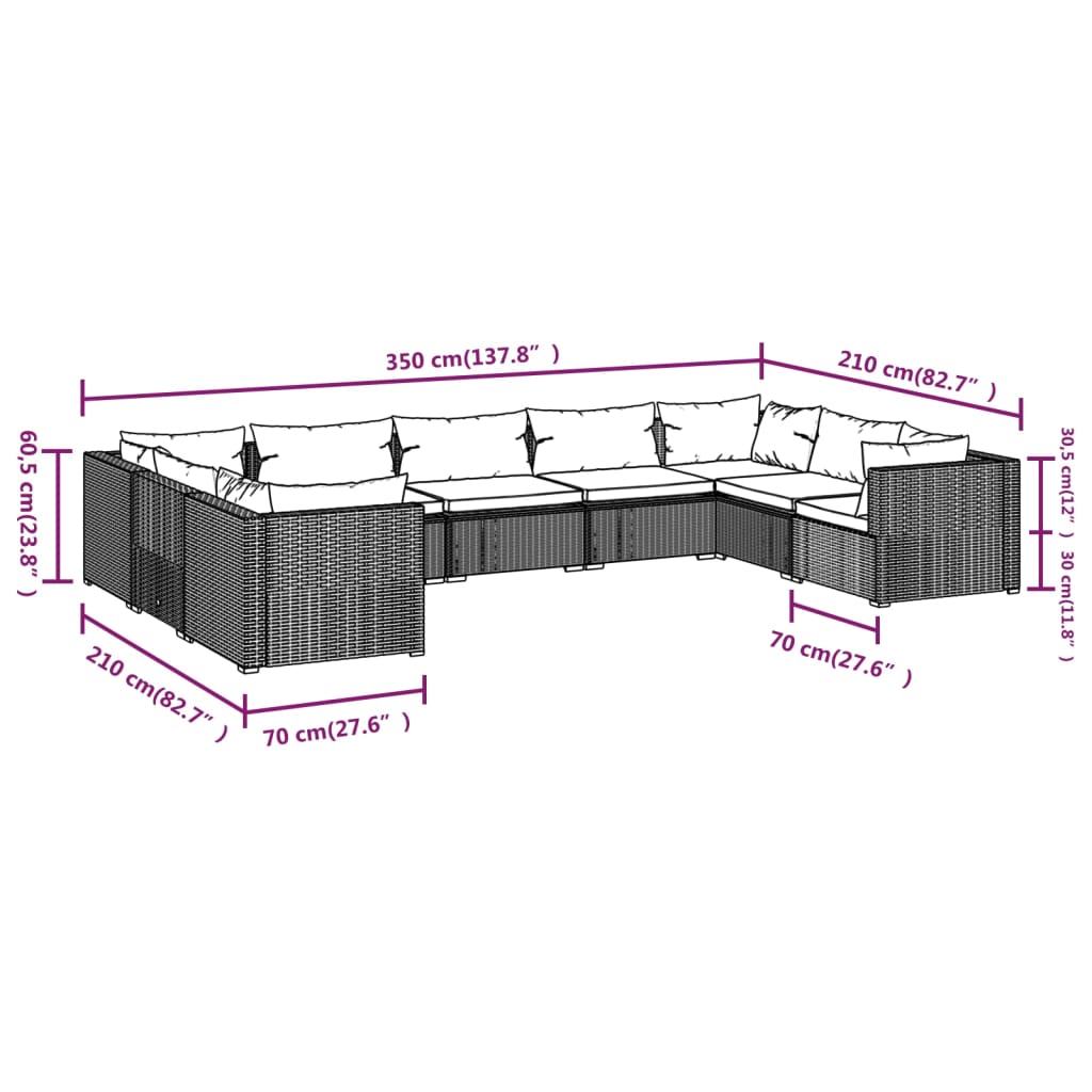 Set Divani da Giardino 9 pz con Cuscini in Polyrattan Nero 3101968