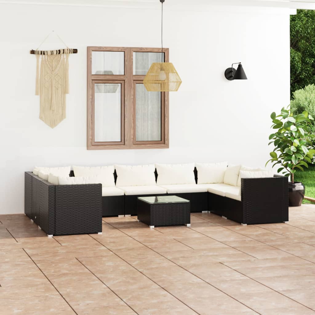 Set Divani da Giardino 10 pz con Cuscini in Polyrattan Nero 3101975