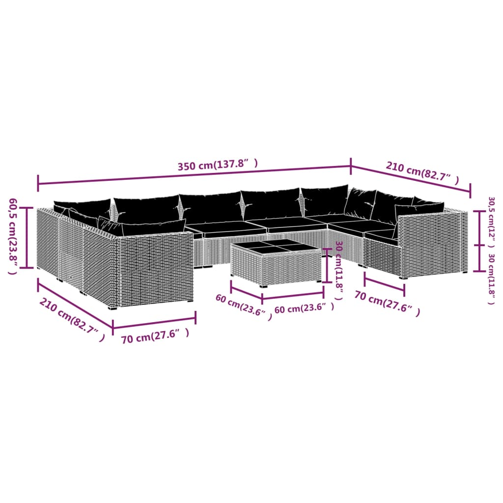 Set Divani da Giardino 10 pz con Cuscini in Polyrattan Marrone 3101979