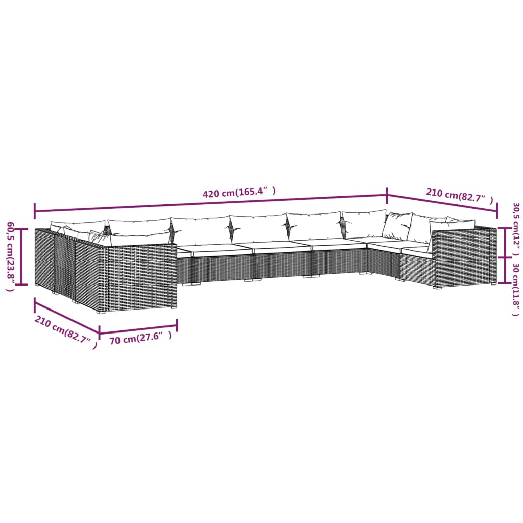 Set Divani da Giardino 10 pz con Cuscini in Polyrattan Marrone cod mxl 42452