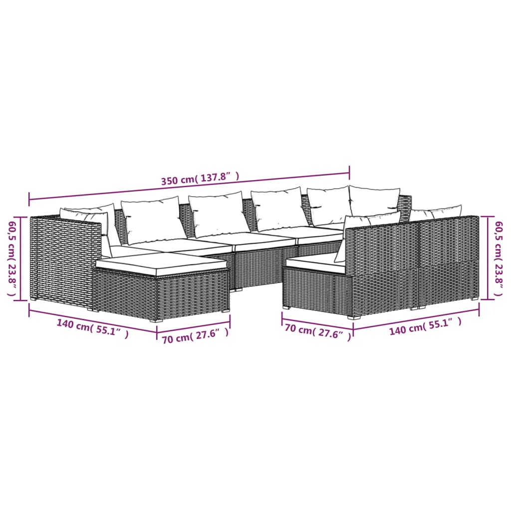 Set Divani da Giardino 9 pz con Cuscini in Polyrattan Nero cod mxl 31465