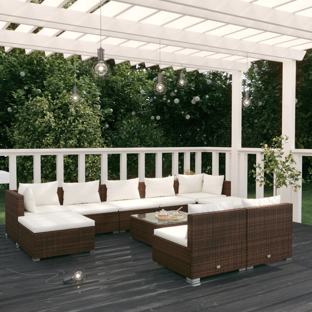 Set Divani da Giardino 10 pz con Cuscini in Polyrattan Marrone 3102010