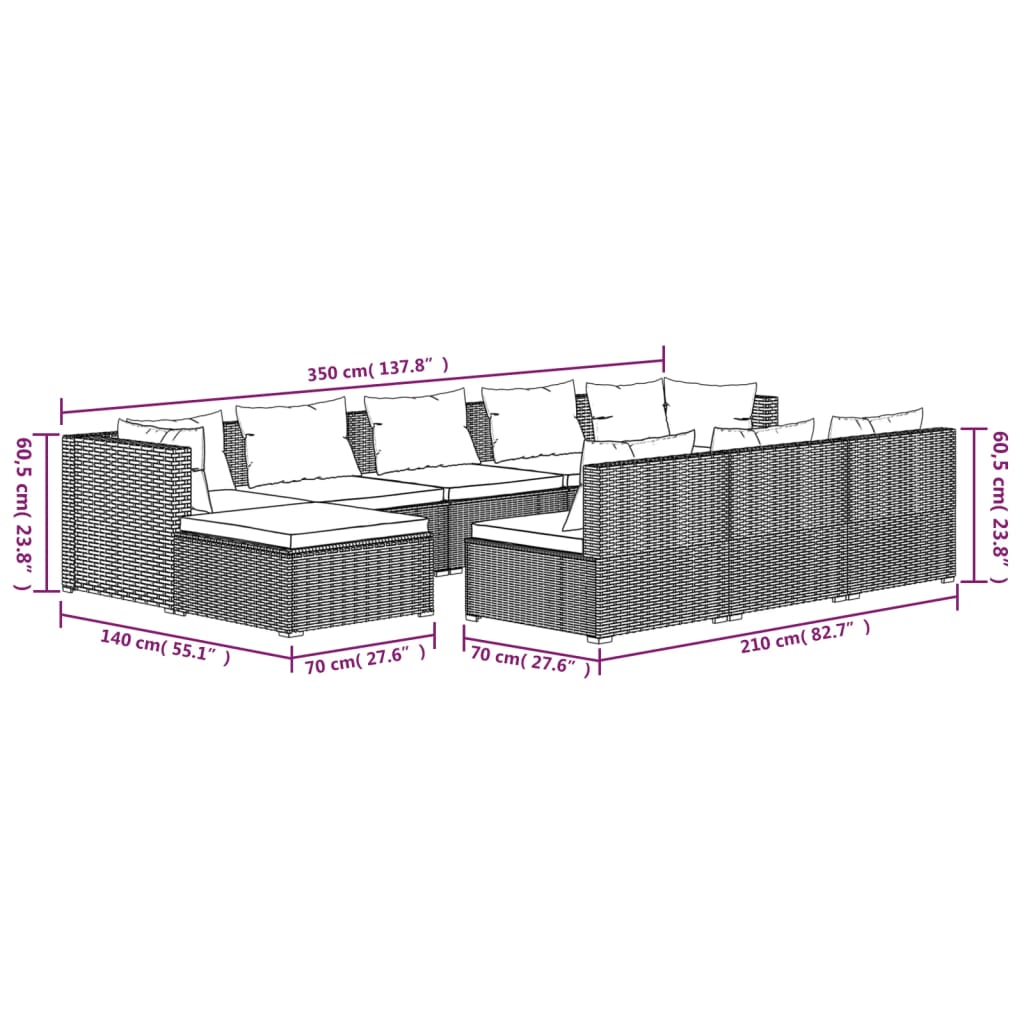 Set Divani da Giardino 10 pz con Cuscini in Polyrattan Marrone 3102020