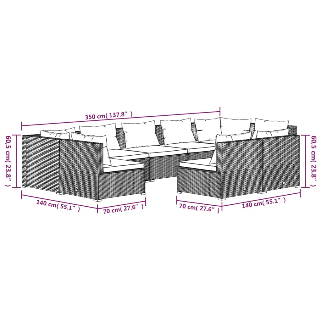 Set Divani da Giardino 9 pz con Cuscini in Polyrattan Nero 3102023