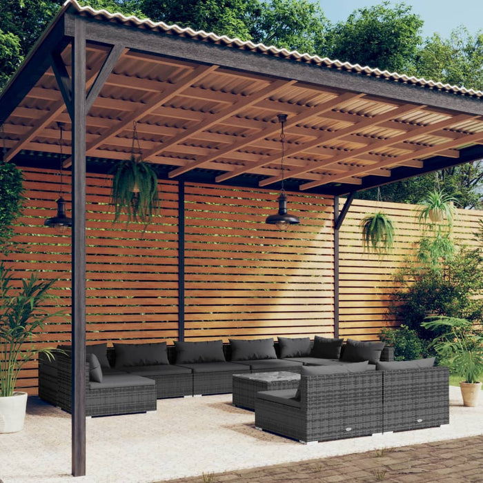 Set Divani da Giardino 10 pz con Cuscini in Polyrattan Grigio 3102037