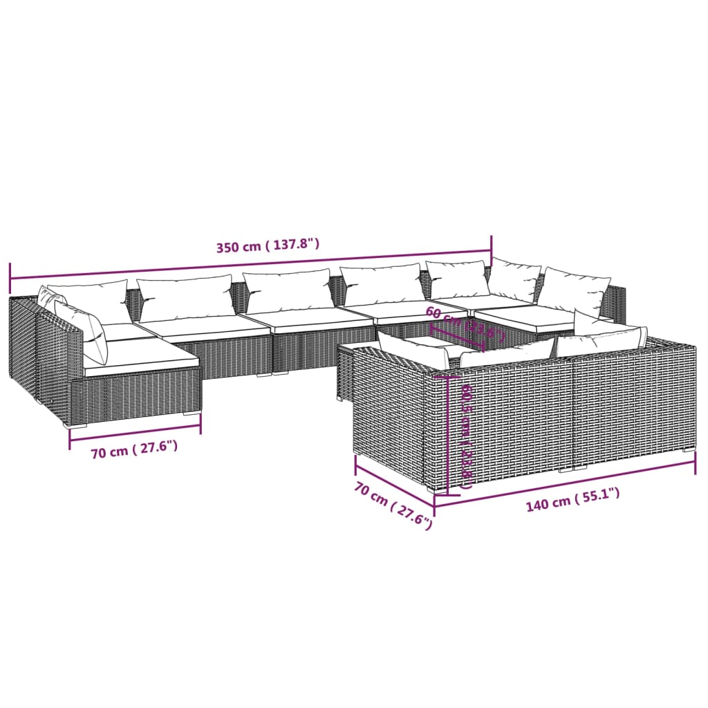 Set Divani da Giardino 10 pz con Cuscini in Polyrattan Nero 3102065