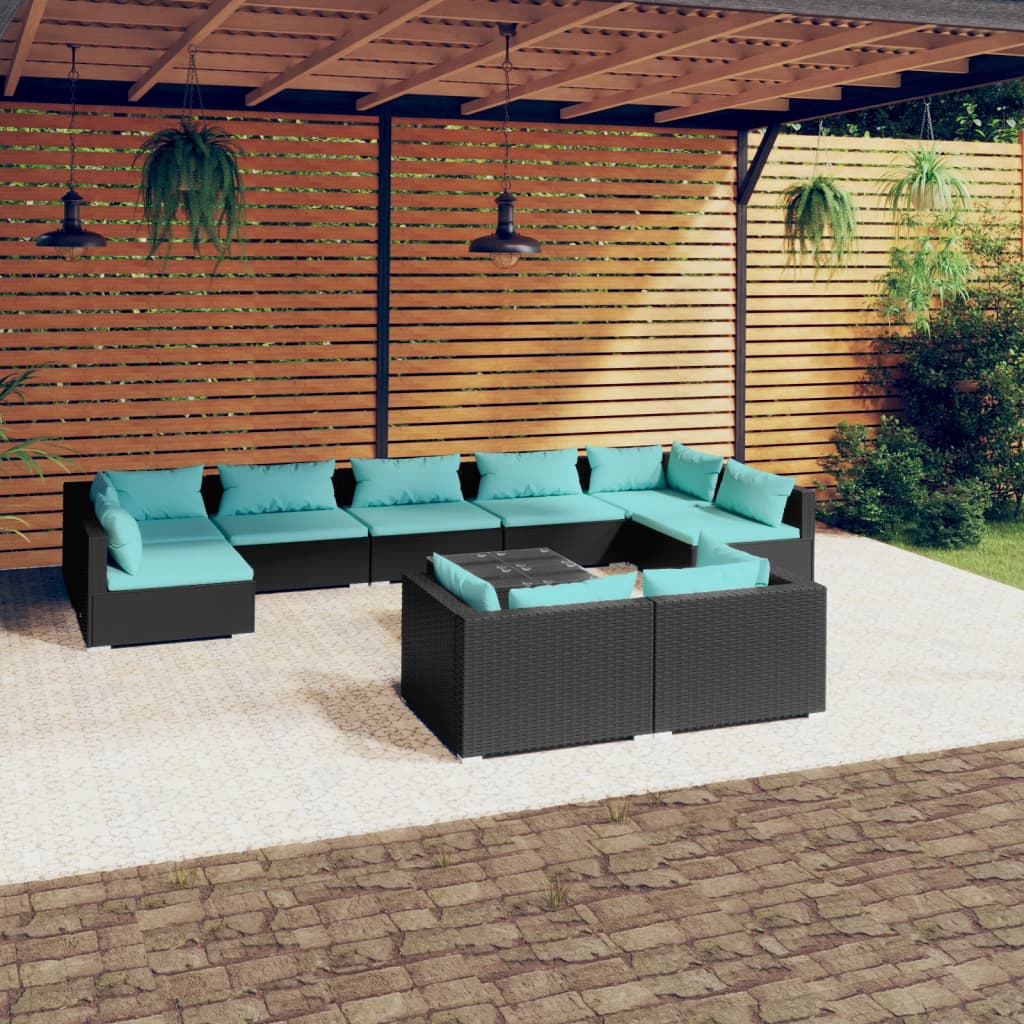 Set Divani da Giardino 10 pz con Cuscini in Polyrattan Nero 3102065