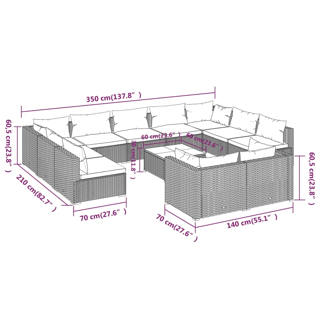 Set Divani da Giardino 12 pz con Cuscini in Polyrattan Nero 3102081