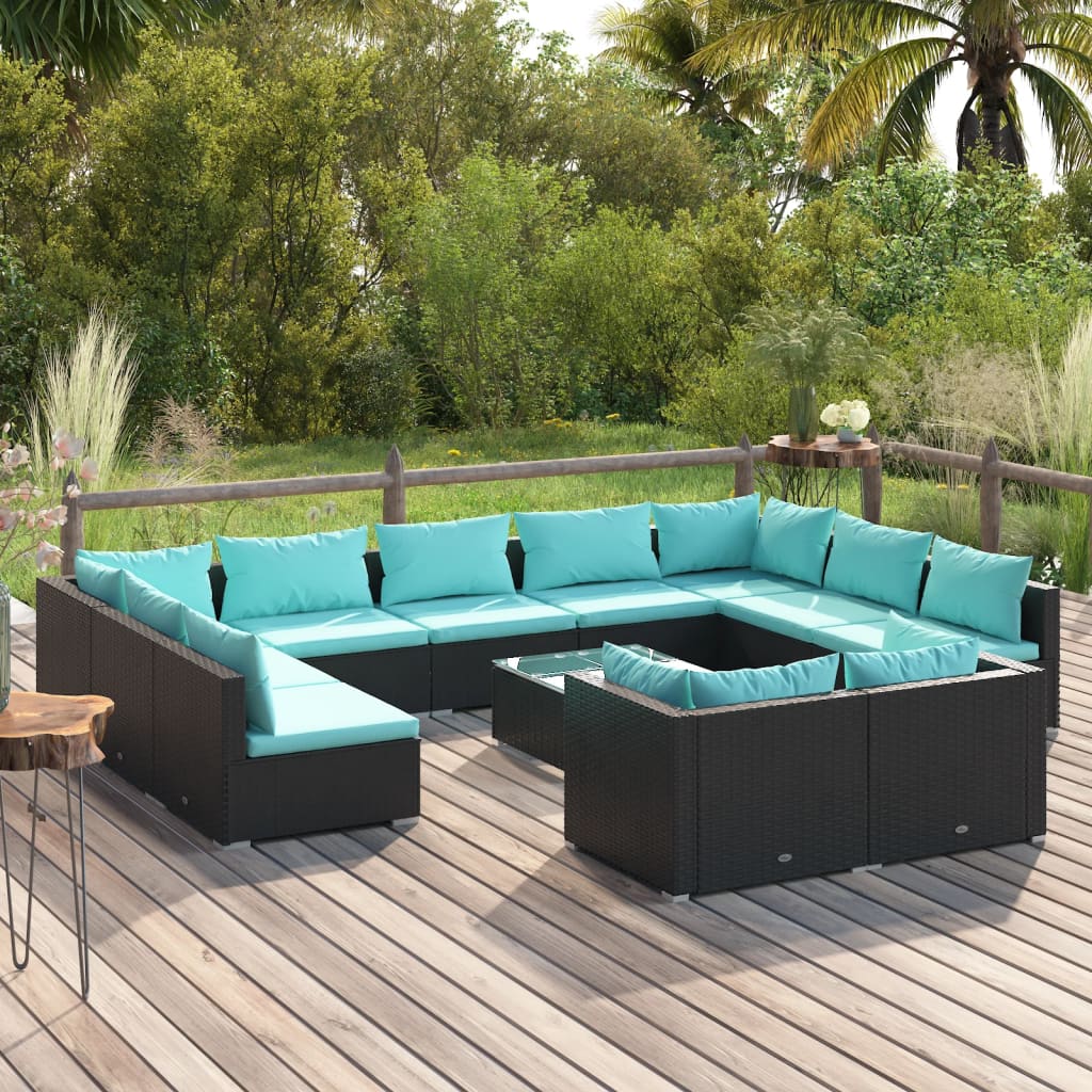 Set Divani da Giardino 12 pz con Cuscini in Polyrattan Nero 3102081