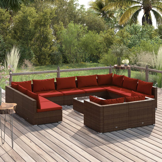 Set Divani da Giardino 12 pz con Cuscini in Polyrattan Marrone