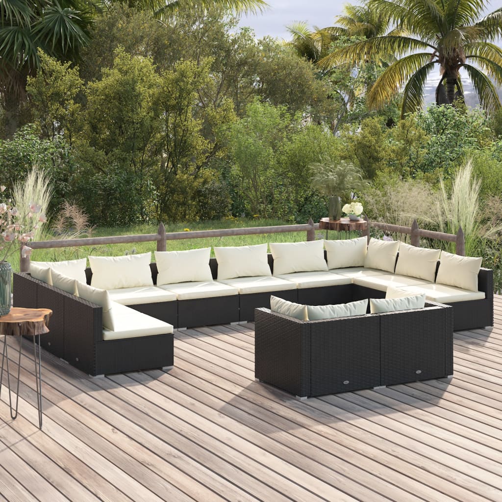 Set Divani da Giardino 12 pz con Cuscini in Polyrattan Nero 3102087