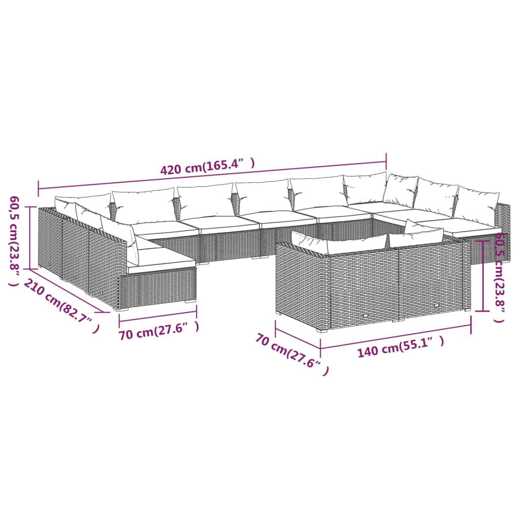 Set Divani da Giardino 12 pz con Cuscini in Polyrattan Nero 3102088