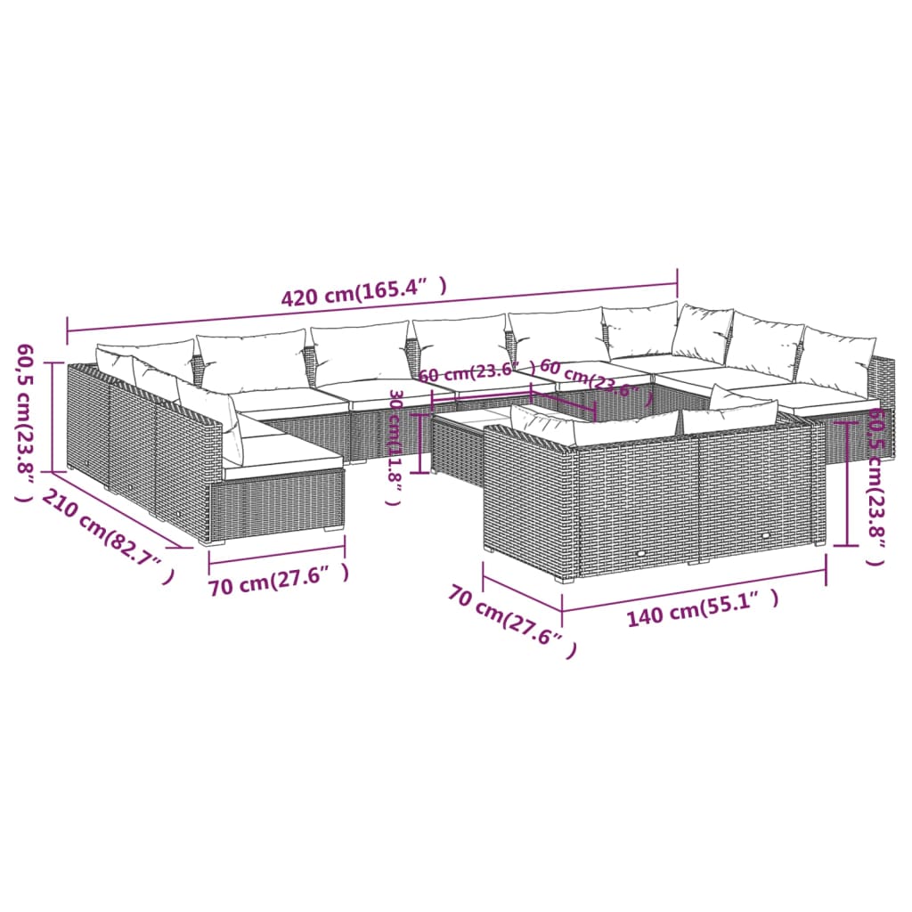 Set Divani da Giardino 13 pz con Cuscini in Polyrattan Marrone cod mxl 38978