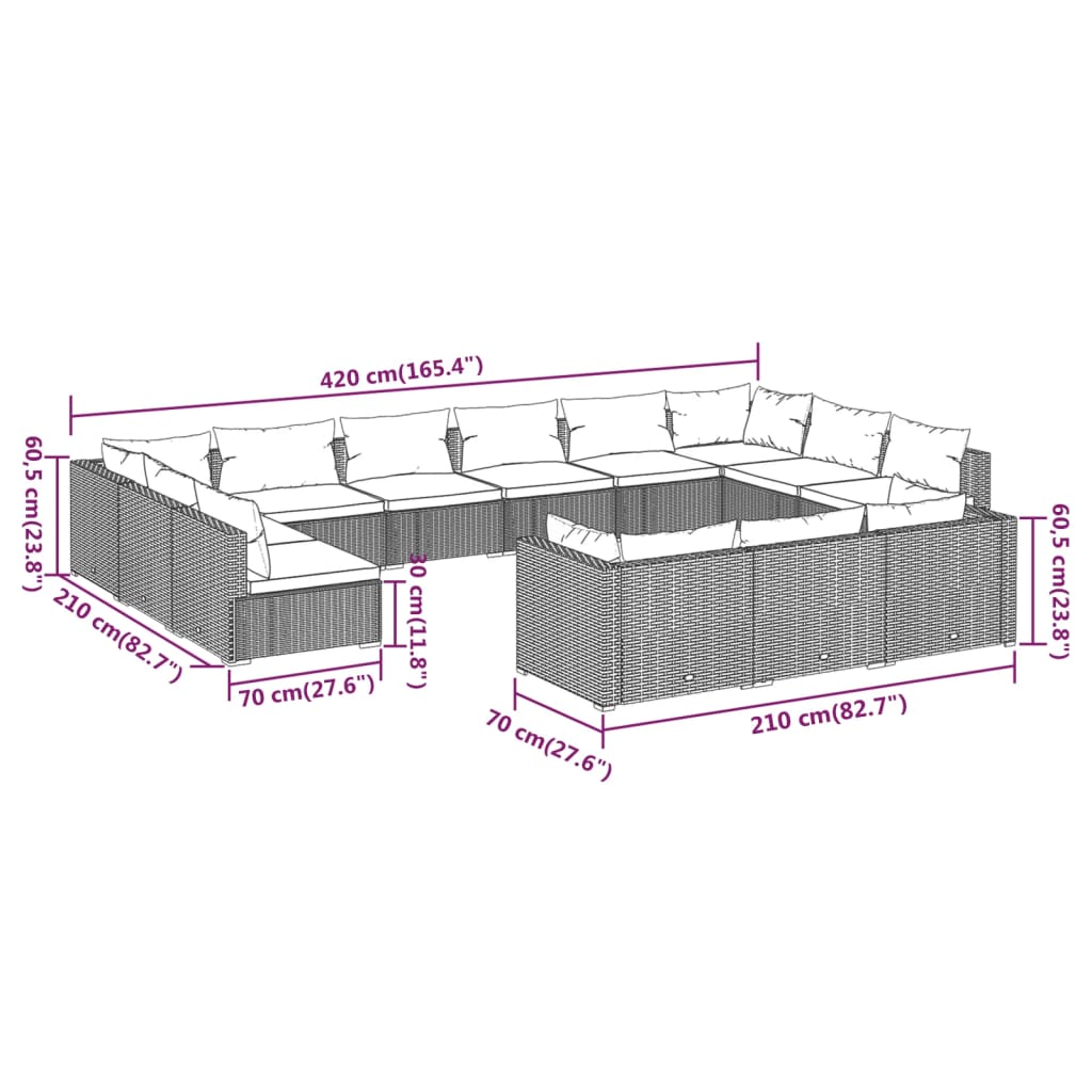 Set Divani da Giardino 13 pz con Cuscini in Polyrattan Grigio cod mxl 34777