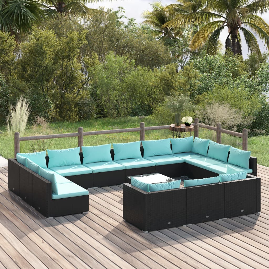 Set Divani da Giardino 14 pz con Cuscini in Polyrattan Nero 3102113