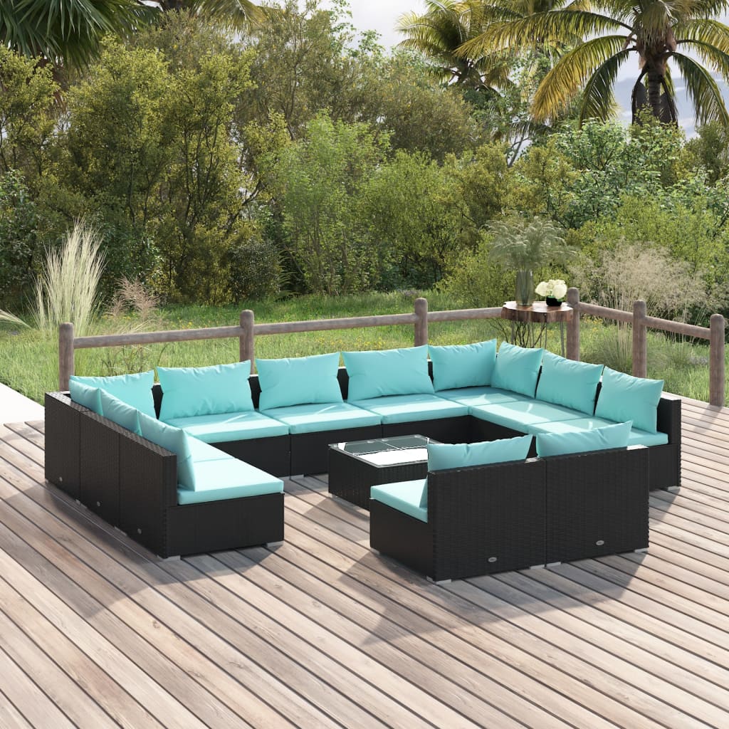 Set Divani da Giardino 12 pz con Cuscini in Polyrattan Nero 3102129