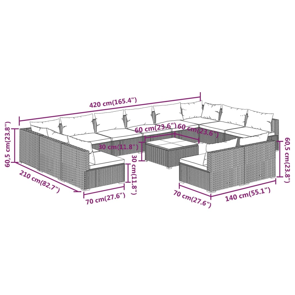 Set Divani da Giardino 13 pz con Cuscini in Polyrattan Marrone 3102146