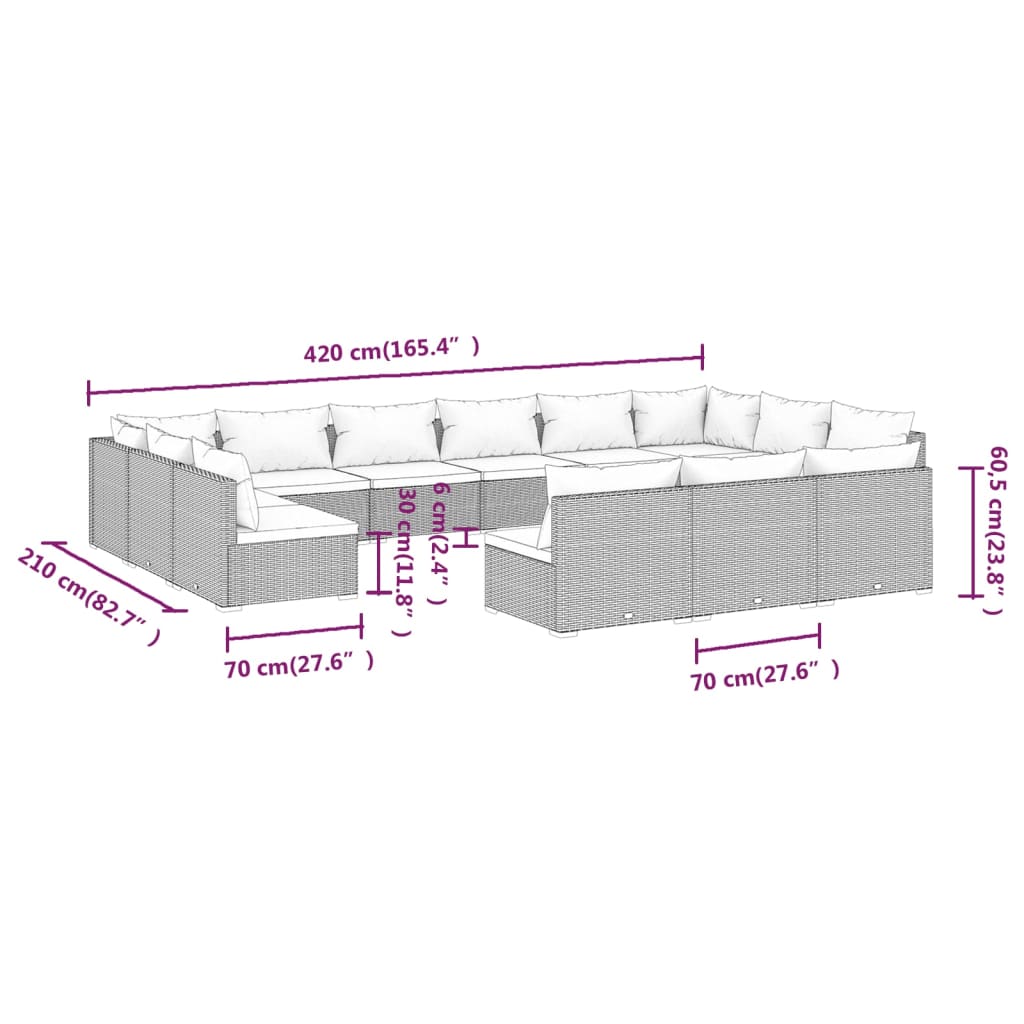 Set Divani da Giardino 13 pz con Cuscini in Polyrattan Nero 3102153