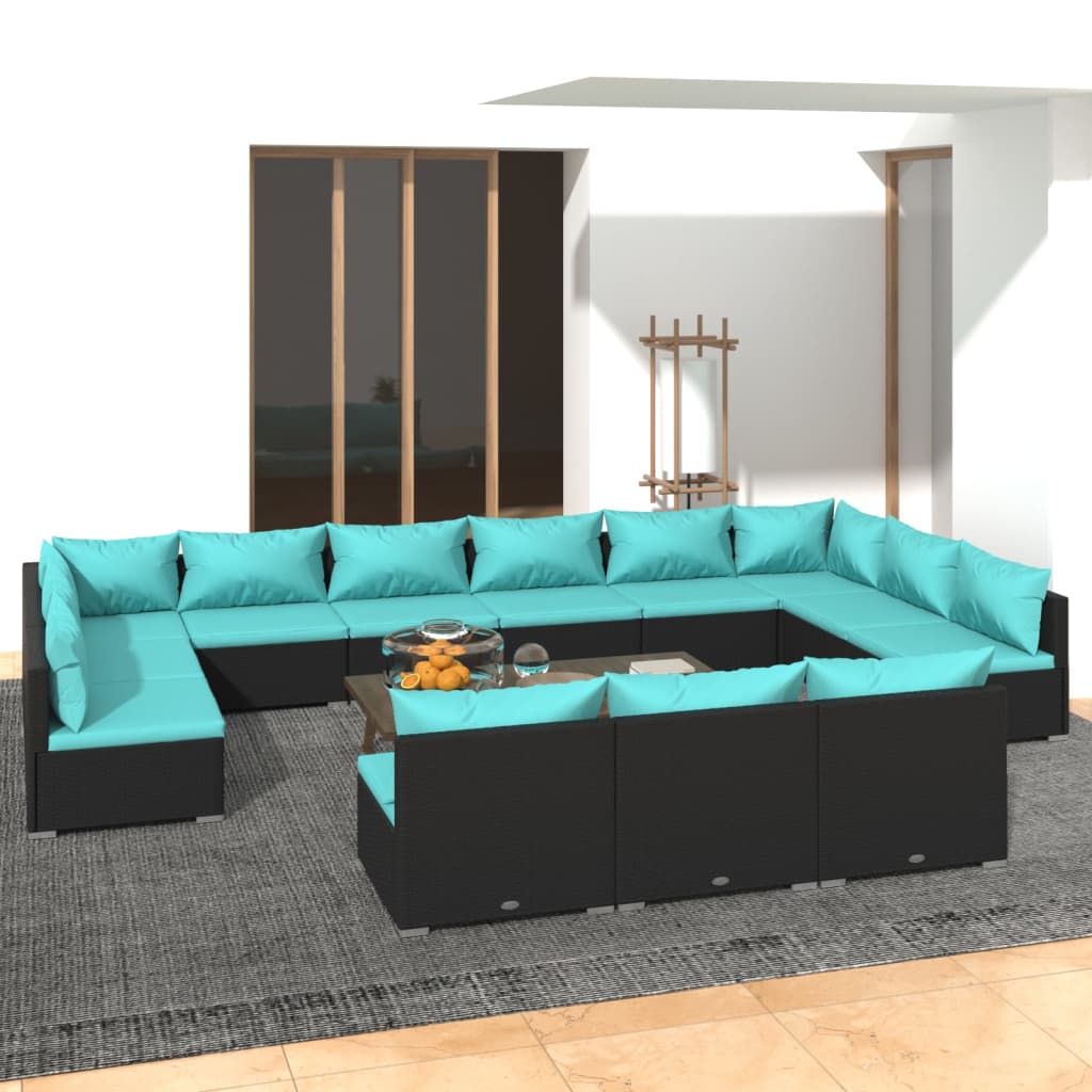 Set Divani da Giardino 13 pz con Cuscini in Polyrattan Nero 3102153