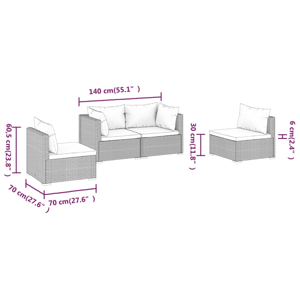 Set Divani da Giardino 4 pz con Cuscini in Polyrattan Marrone cod mxl 39000