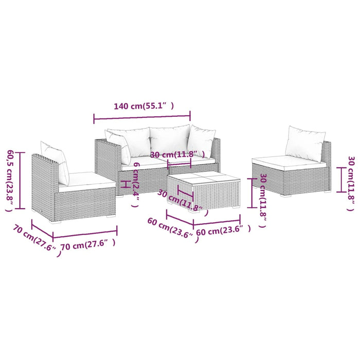 Set Divani da Giardino 5 pz con Cuscini in Polyrattan Nero cod mxl 41237