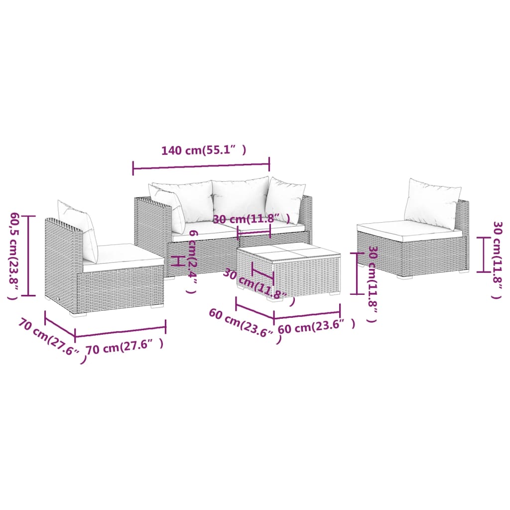 Set Divani da Giardino 5 pz con Cuscini in Polyrattan Nero cod mxl 41279