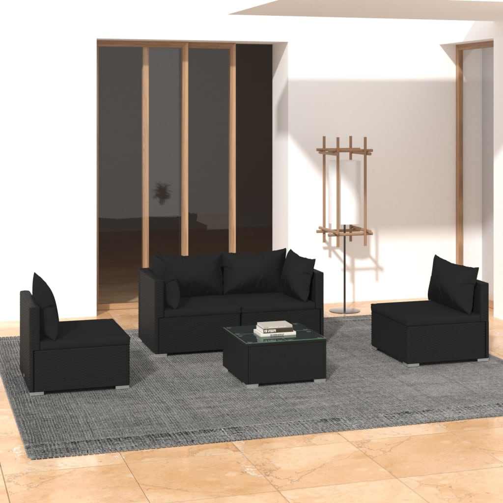 Set Divani da Giardino 5 pz con Cuscini in Polyrattan Nero cod mxl 41279