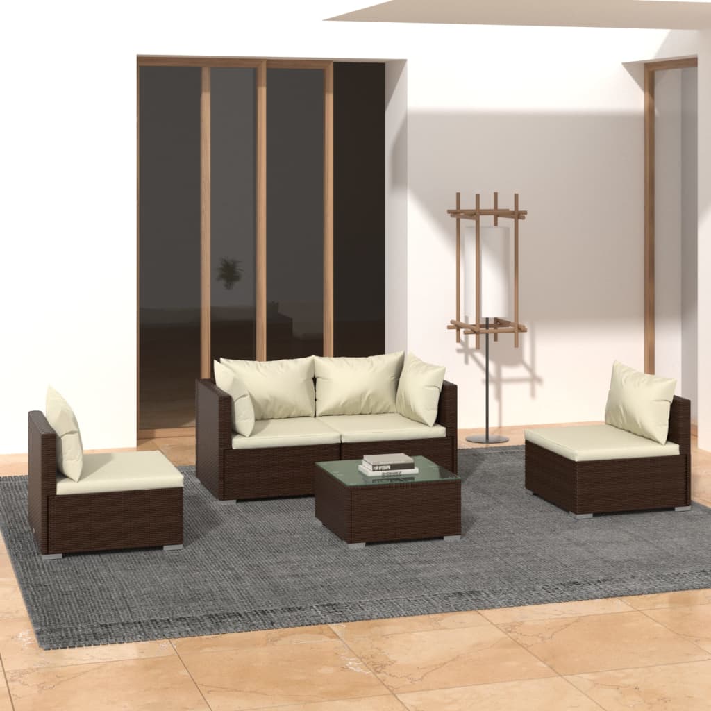 Set Divani da Giardino 5 pz con Cuscini in Polyrattan Marrone cod mxl 40830