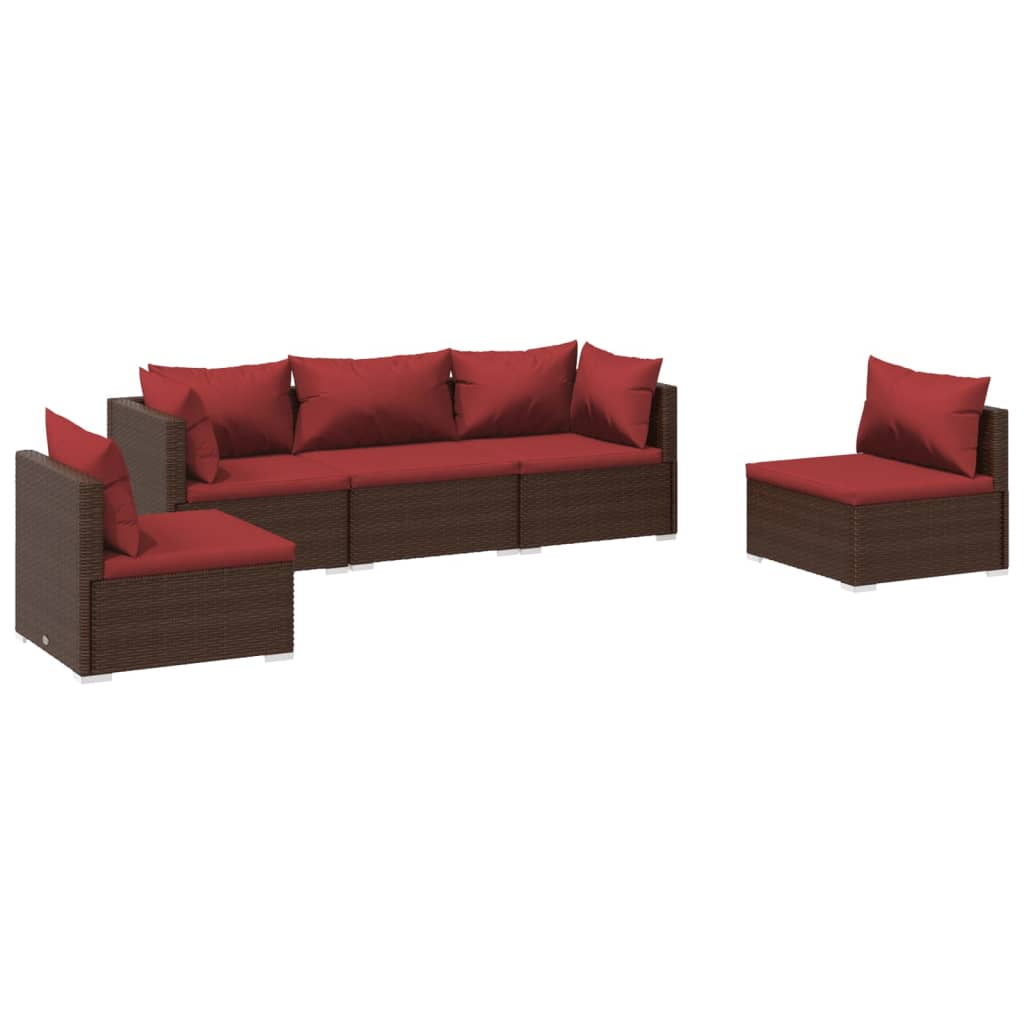 Set Divani da Giardino 5 pz con Cuscini in Polyrattan Marrone cod mxl 37898