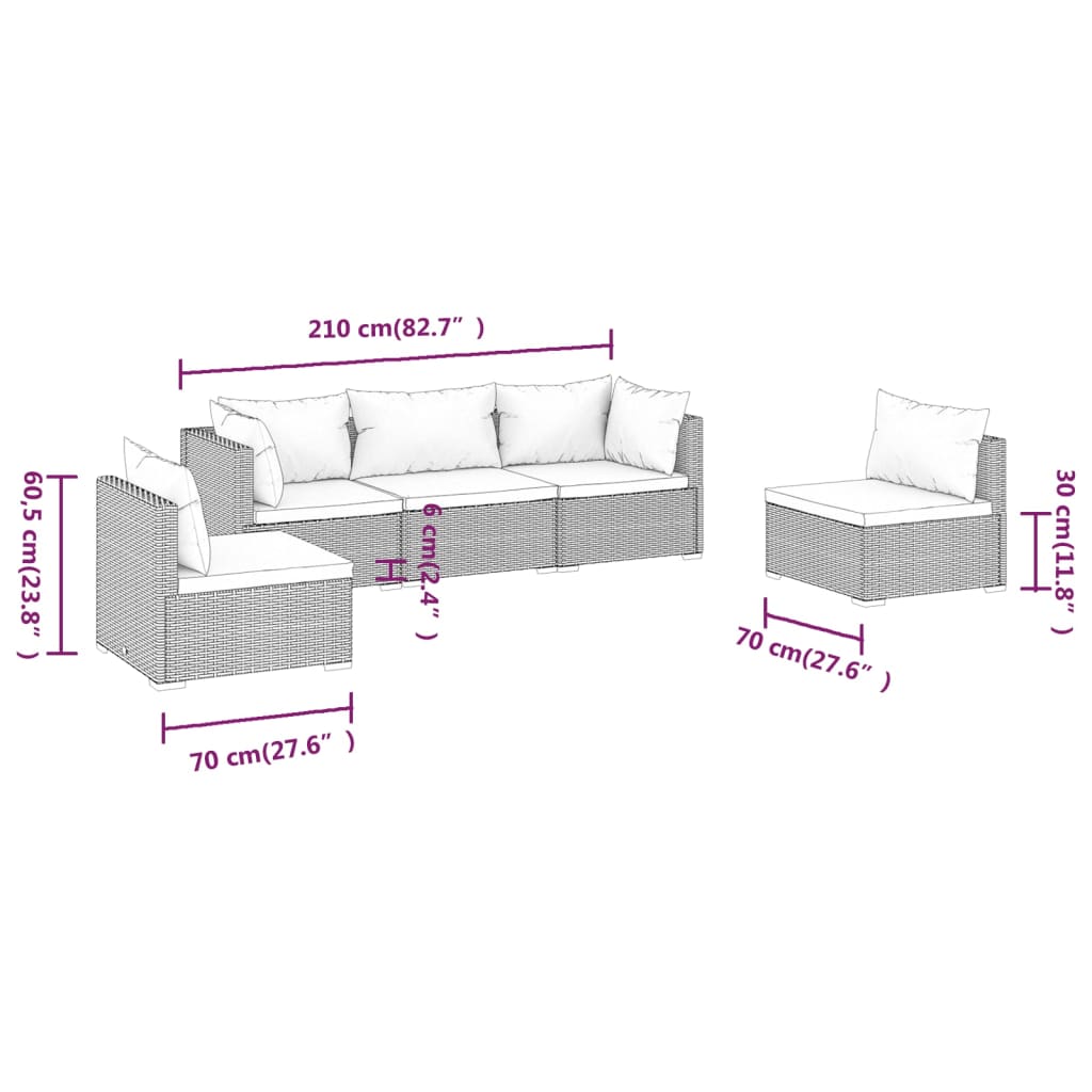 Set Divani da Giardino 5 pz con Cuscini in Polyrattan Marrone cod mxl 35835