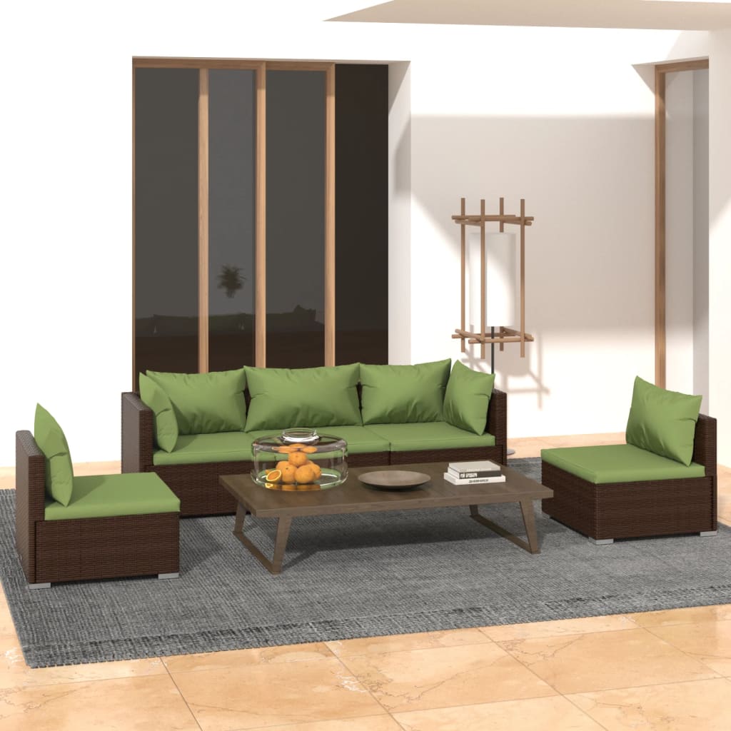 Set Divani da Giardino 5 pz con Cuscini in Polyrattan Marrone cod mxl 35835