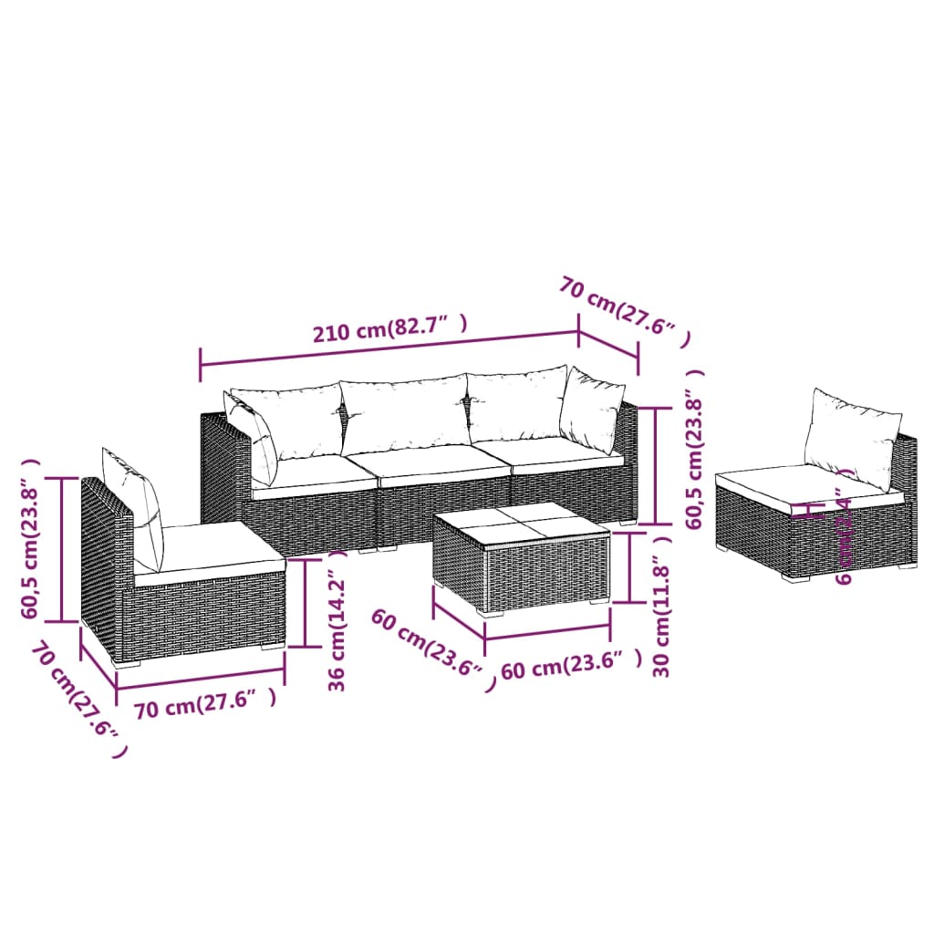 Set Divani da Giardino 6 pz con Cuscini in Polyrattan Marrone cod mxl 39004