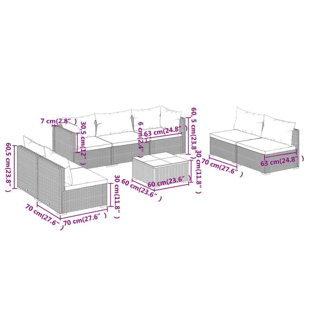 Set Salotto da Giardino 8 pz con Cuscini in Polyrattan Nero 3102239