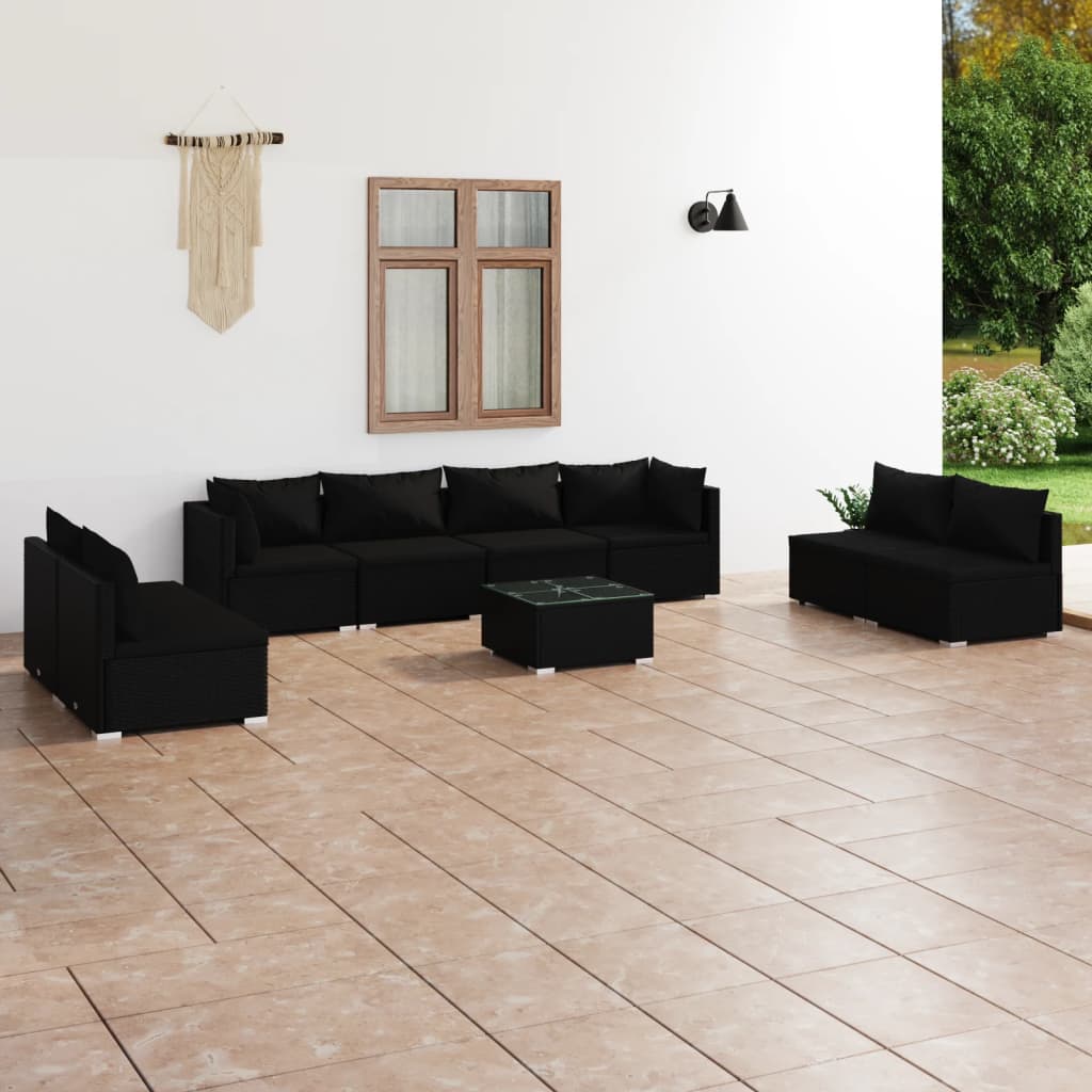 Set Divani da Giardino 9 pz con Cuscini in Polyrattan Nero 3102256