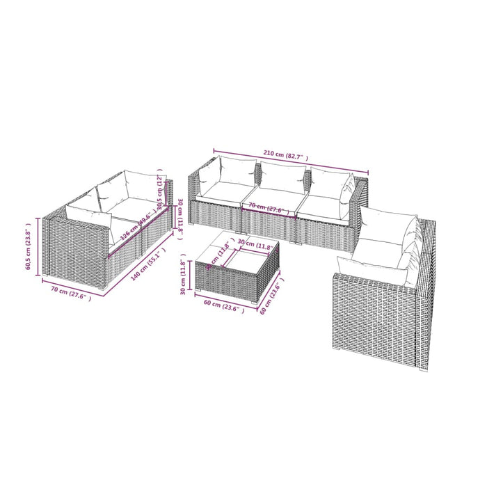 Set Divani da Giardino 8 pz con Cuscini in Polyrattan Nero 3102273