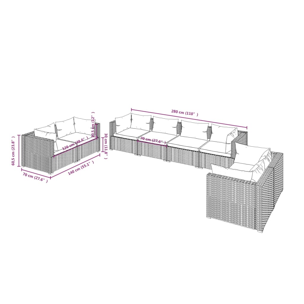 Set Divani da Giardino 8 pz con Cuscini in Polyrattan Nero cod mxl 40456