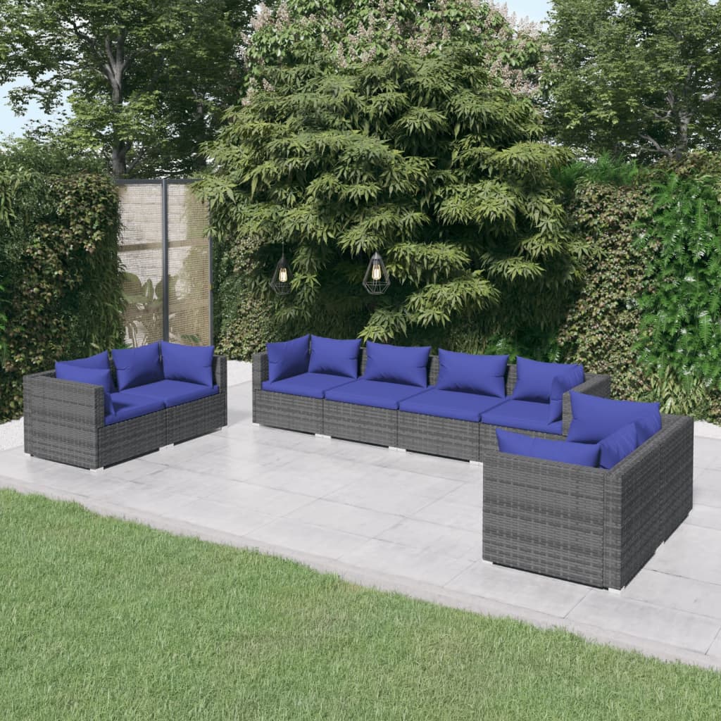 Set Divani da Giardino 8 pz con Cuscini in Polyrattan Grigio 3102286