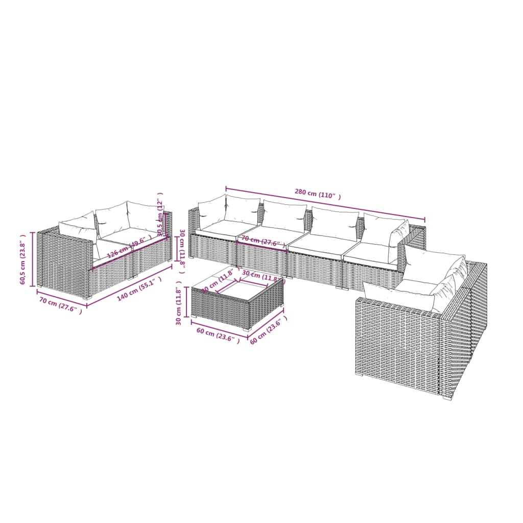 Set Divani da Giardino 9 pz con Cuscini in Polyrattan Nero cod mxl 41274