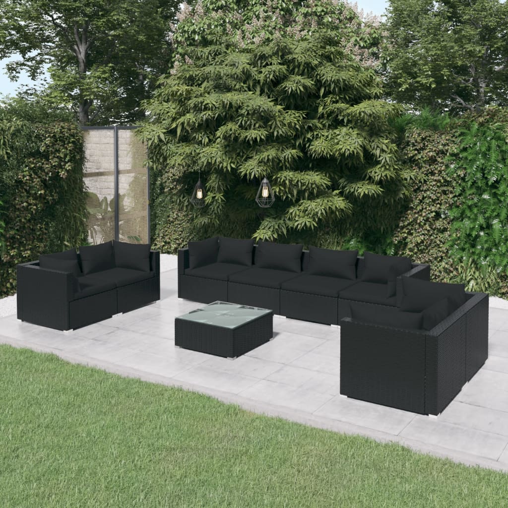 Set Divani da Giardino 9 pz con Cuscini in Polyrattan Nero cod mxl 41274